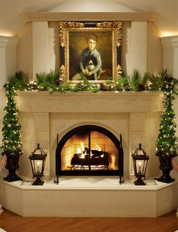 Jednoduchá rímsa z vetvičiek, šišiek a reťaze svetiel vianočná dekorácia do krbu moderný veniec vetvy lampióny nástenná maľba