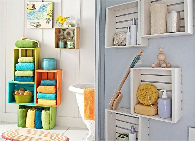 Ako police na kúpeľňovú kozmetiku používajte drevené boxy Nápady na police do kúpeľne -drevené box-osušky