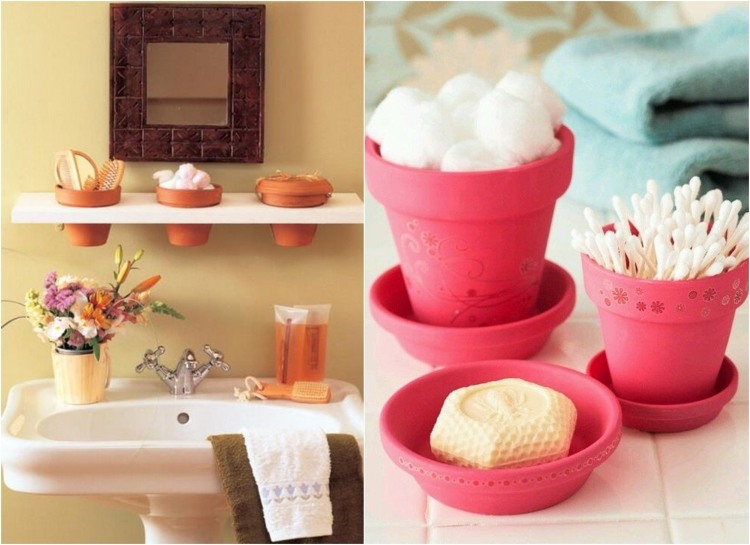 maľované hlinené hrnce na uloženie vatových tampónov a mydla nápady-kúpeľňa-maľované-hlinené-nočníky-bavlnené podložky-mydlo