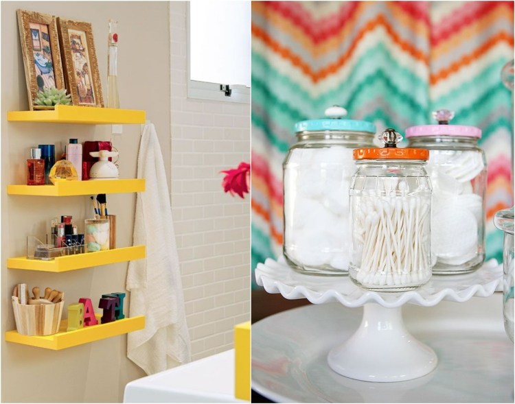 nástenné police a dózy so žltým náterom s ozdobnými viečkami nápady-skladovanie do kúpeľne-žlté-natreté-police-okuliare