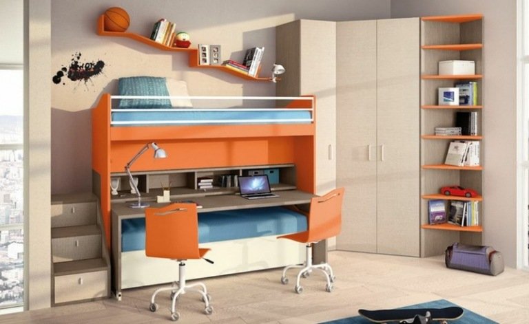 nápady posteľný stôl rohová skriňa detská izba priestorovo úsporné oranžové akcenty