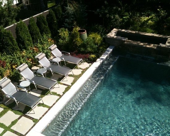 nápady úzke pásy výsadby záhradného bazéna medzi kamennými doskami