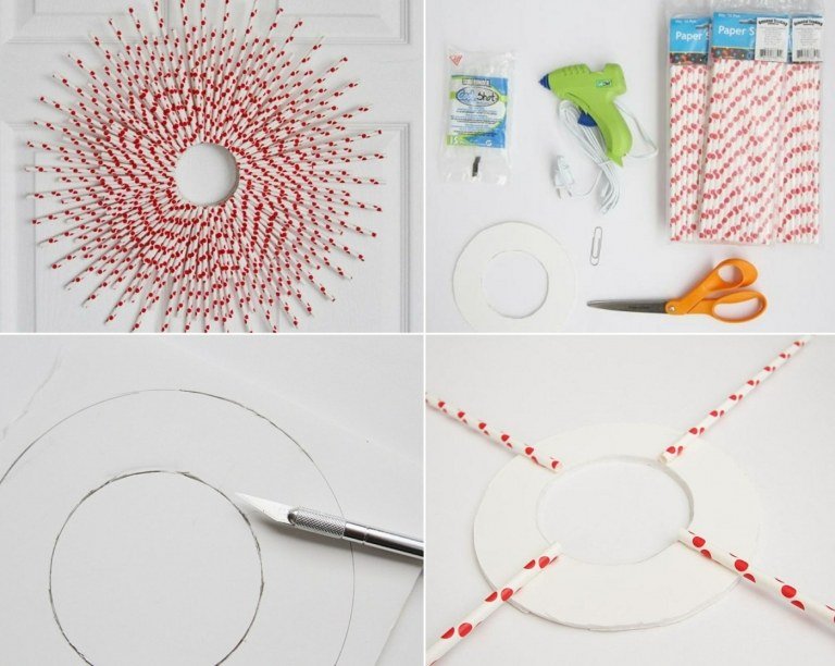 Jednoduchý vianočný veniec na dvere a stenu v červeno -bielom prevedení z papierových roliek