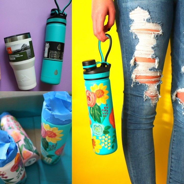 Fľaše na pitie s nápadmi na maľovanie kvetinových vzorov