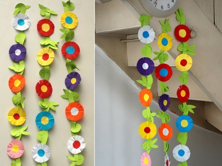 Girlandy ako nápad na jarné ručné práce s deťmi základnej školy vyrobené z papiera