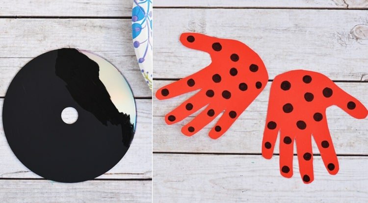 Recyklujte disky CD a pomocou odtlačkov rúk vyrobte lienkam krídla