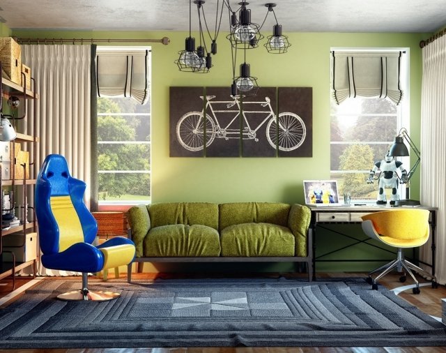 zelená farba na stenu a zaujímavé kreslo v miestnosti pre mládež konverzia-miestnosť pre mládež-dizajn-chlapec-farba-zelená