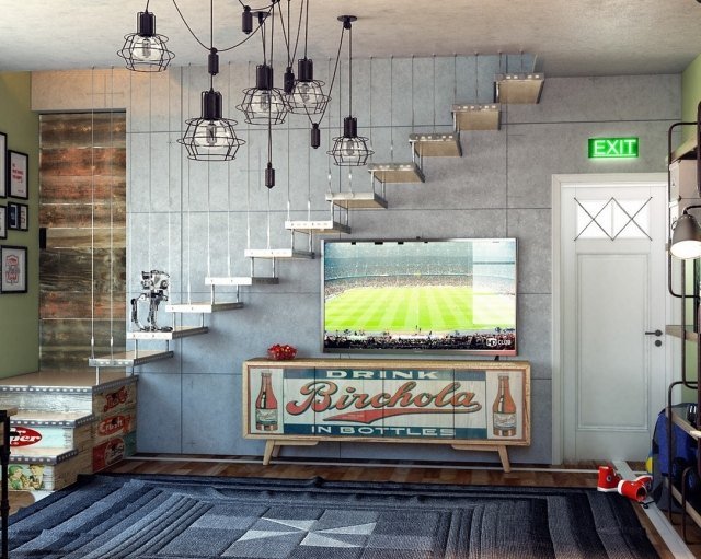 Televízor na vintage príborníku pod schodiskom harfy Konverzia-miestnosť pre mládež-dizajn-priemyselný-štýl-deco