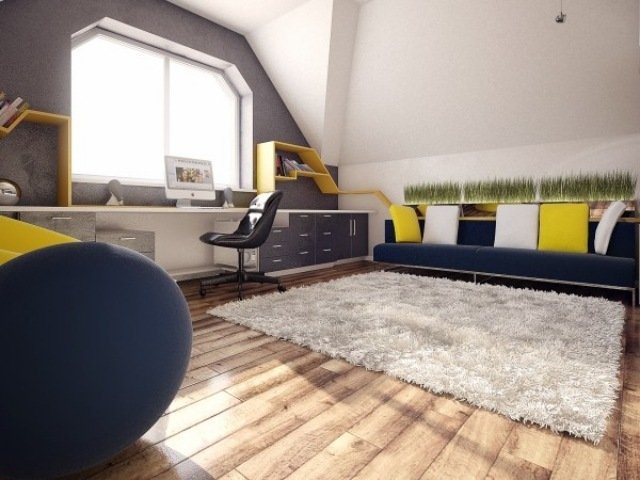 Laminátová podlaha v strednom tóne dreva pod svetlosivým kobercom mládežnícka izba-dizajn-šikmá-strecha-farby-sivožltá