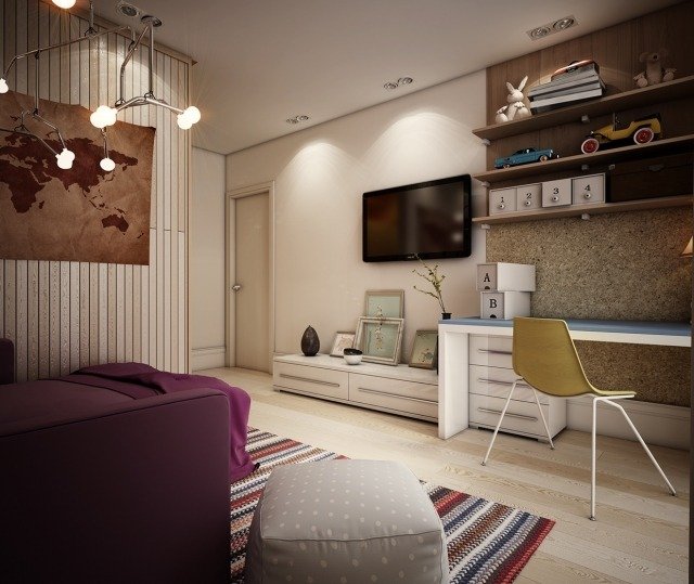 moderný dizajn detskej izby pre dievča detská izba-dizajn-dievča-fialová-pohovka-biela-kredenc-stôl