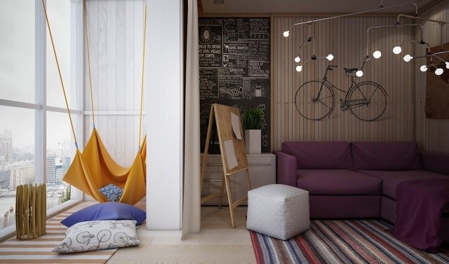 Posedenie v miestnosti pre mládež so žltým závesným kreslom detská izba-dizajn-dievča-veľké-okno-predné-hojdacie kreslo