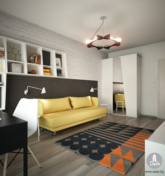 čiernobiele pozadie pre žltú rozkladaciu pohovku mládežnícky pokoj-dizajn-nápad-čierna-biela-žltá-rozkladacia pohovka-akcent