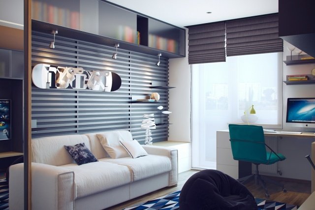 biela pohovka oproti tmavosivej drevenej stene hq-tím design miestnosti pre mládež -chlapci-nápady-šedá-biela-kombinácia