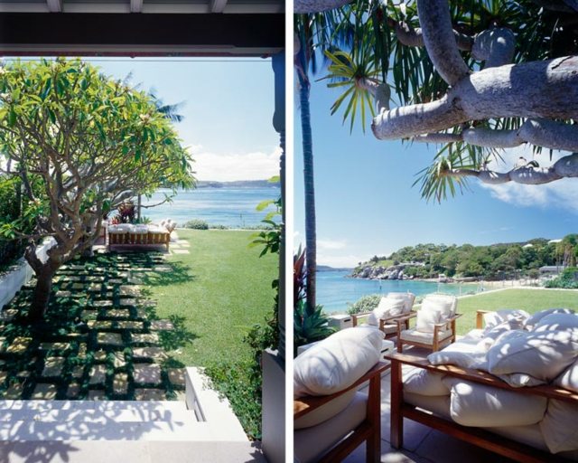 Vytvorte prídel záhradné dlažobné kocky stromy tieň Dlažobné kamene stromy tienia trávnik drevený nábytok