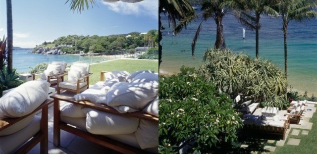 Pridelená záhrada, výhľad na more, posedenie, vždyzelené stromy Oblasť sedenia vždyzelené stromy kríky kamene