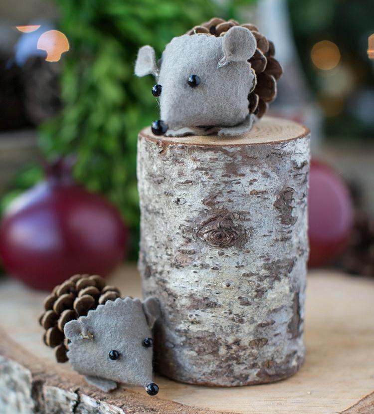 ježko-drotár-šišky-sivá-plsť-tvár-diy-rýchlo