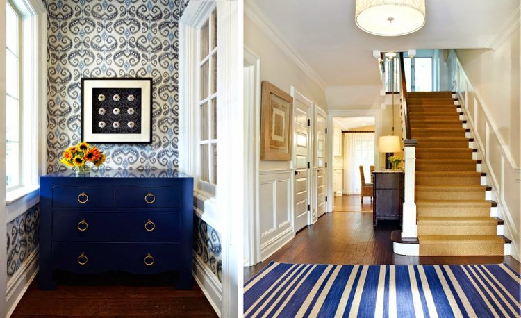 Tapeta, koberec alebo bežec so vzorom ikat ako akcentom v interiéri tapeta ikat-vzor-etno-biela-modrá-koberec-tapeta