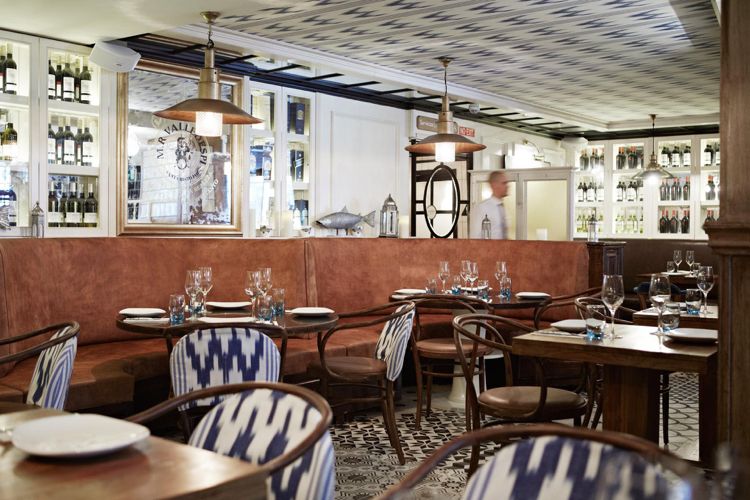 Vzor Ikat na čalúnení stoličiek v kaviarni Vzor Ikat-etno-biela-modrá-posletr-stoličky-kaviareň