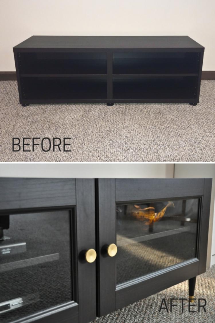 Obrázky pred a po - Polička Ikea Besta ako malý príborník ikea-besta-policovy-system-uloz-cierny-kredenc-vitrina-predne-skrinky-zlate