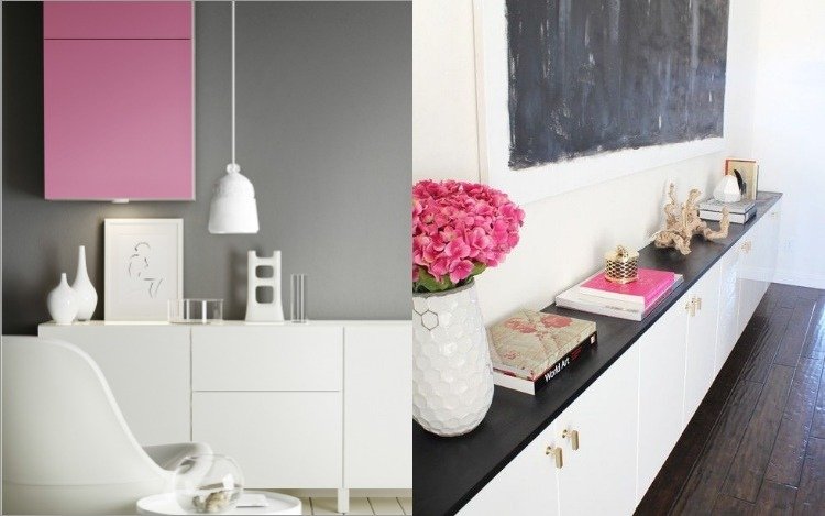 Polica Ikea Besta v monochromatických farbách -s dekoráciou v ružovej farbe ikea-besta-policovy-ulozovy-system-moderny-biela-ruzova-akcenty-dvere-skrinky-kredenc-deco