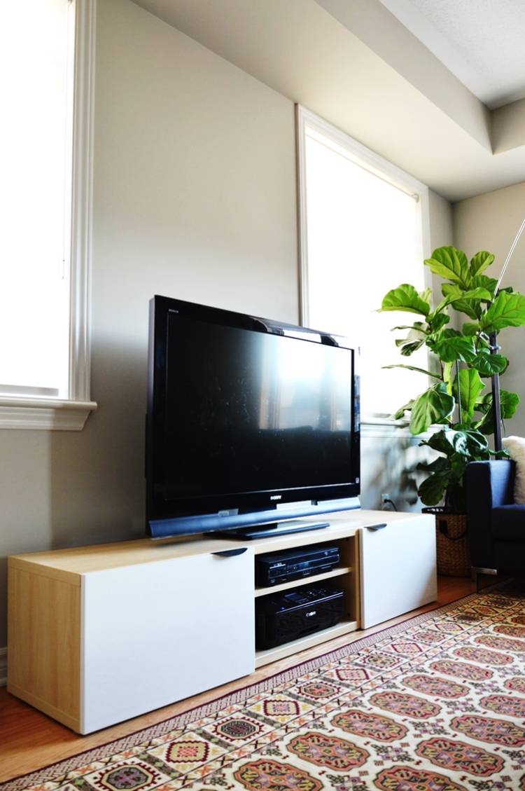 jednoduchá televízna konzola z police Ikea Besta s dvoma dvierkami skrinky Policový úložný systém Ikea Besta-vinobranie-tv-konzolový-koberec-vzor-rastlín