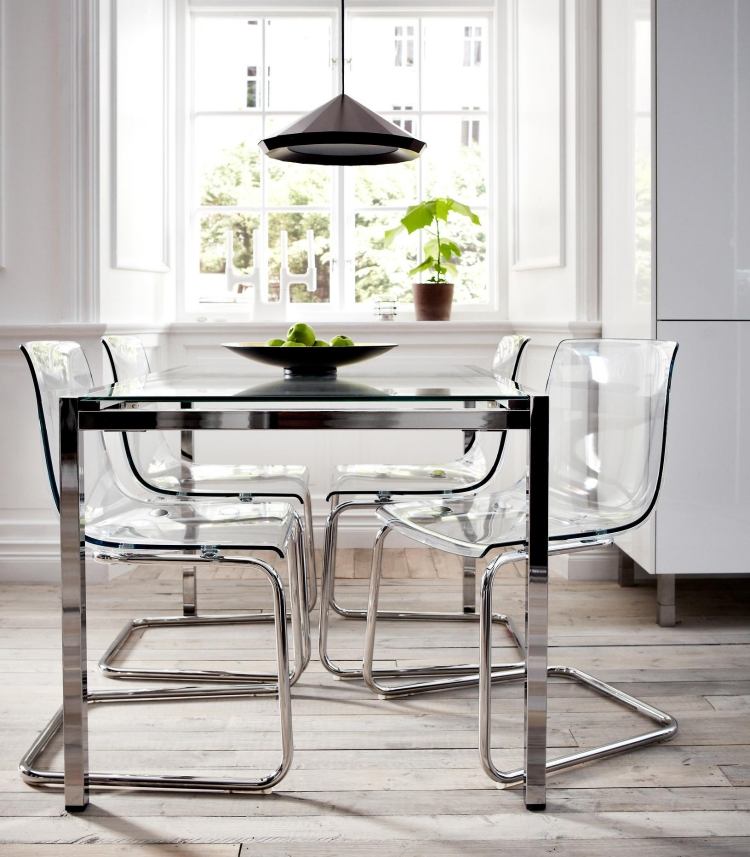 Rozkladací stôl GLIVARP so sklenenou doskou a kovovým rámom GLIVARP-predĺženie-stôl-sklo-doska-kov-rám-akrylové stoličky