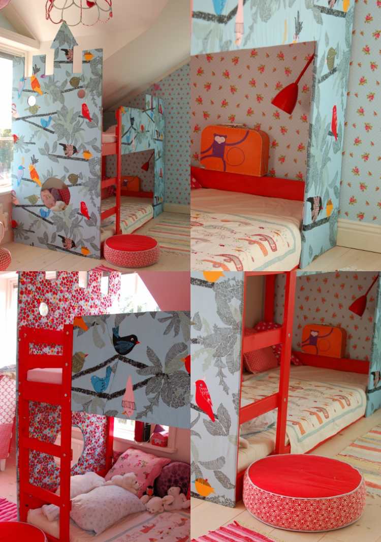 ikea kura posteľ prerobiť látkovú tapetu farebnú červenú modrú