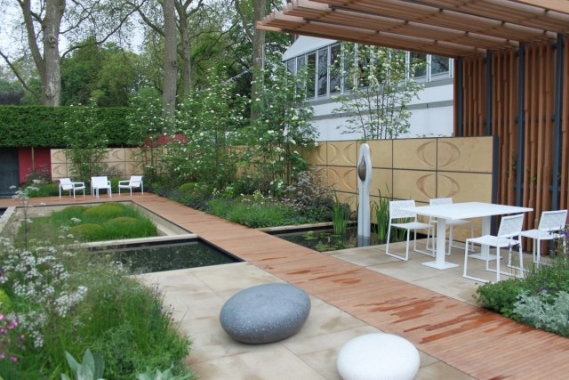 terasa záhradný dizajn jazierko mosty škridla krytina