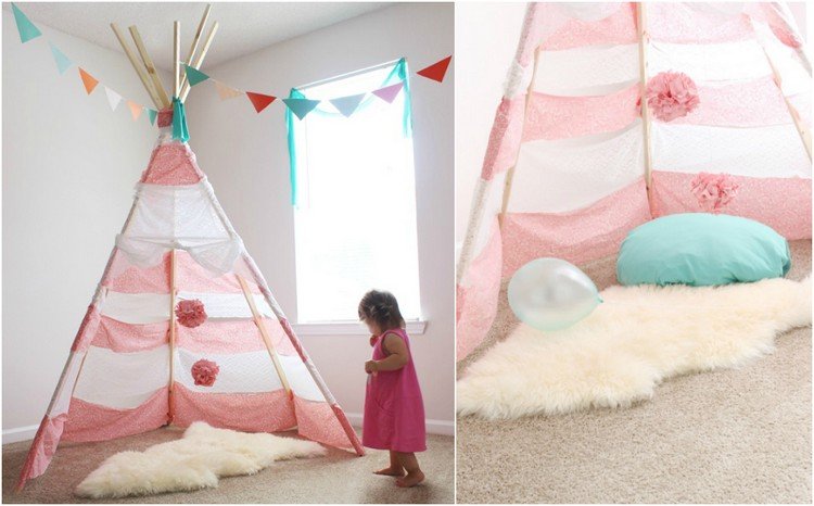 teepee-stan-škôlka-dievča-pompon-dekorácia-ovčia koža-vankúš