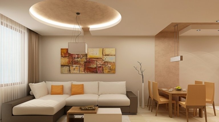 nepriame osvetlenie strop okrúhla sedačka obývačka jedálenský kút drevený nábytok