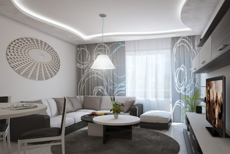 nepriame osvetlenie pekný tvar svetlý nábytok stena biely sivý koberec