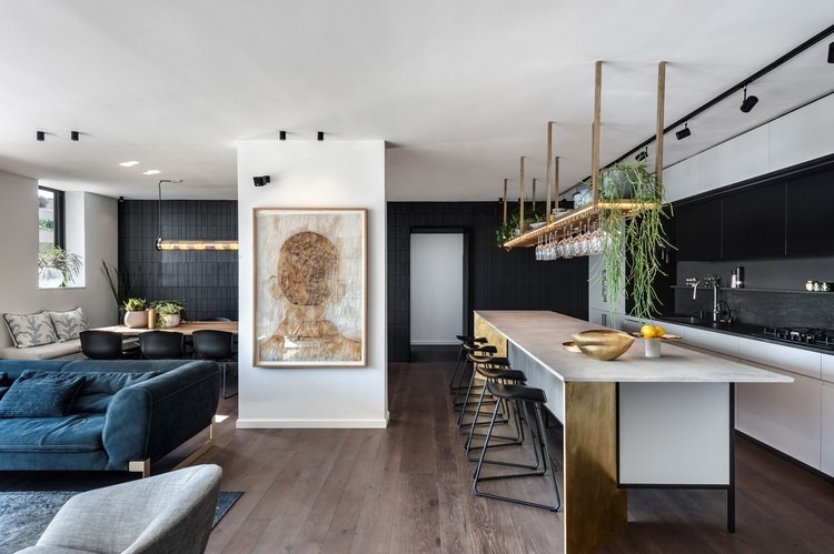 industriálny elegantný interiér otvorený obývacia izba