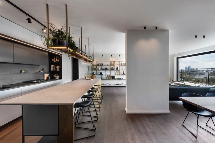 priemyselný elegantný štýl moderný byt kuchyňa veľká kuchyňa ostrov