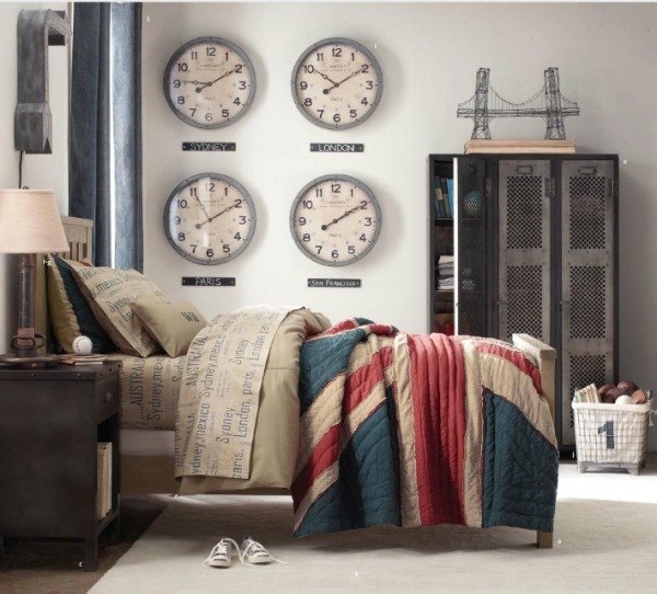 Nástenné hodiny s detskou izbou v industriálnom štýle, kovové nástenné hodiny