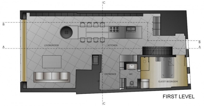 Rozdelenie obytných oblastí - prvá životná úroveň karaköy-penthouse-byt-interiér-dizajn-prvá úroveň