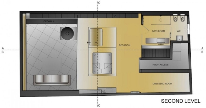 Rozloženie izby Karakoy Loft na hornej obytnej úrovni Karakoy-mezonetový byt-pôdorys-vyššie poschodie
