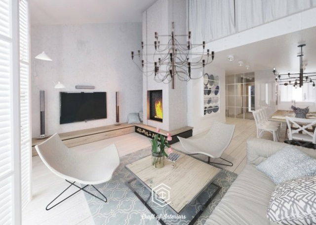 4-obývací priestor-s-krbom-a-LED-stenou-symetrické-figúrky-na-hodenie vankúšov