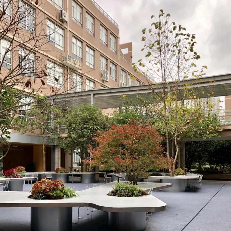 Vchod do školy so vstupným nádvorím s výhľadom na jeseň