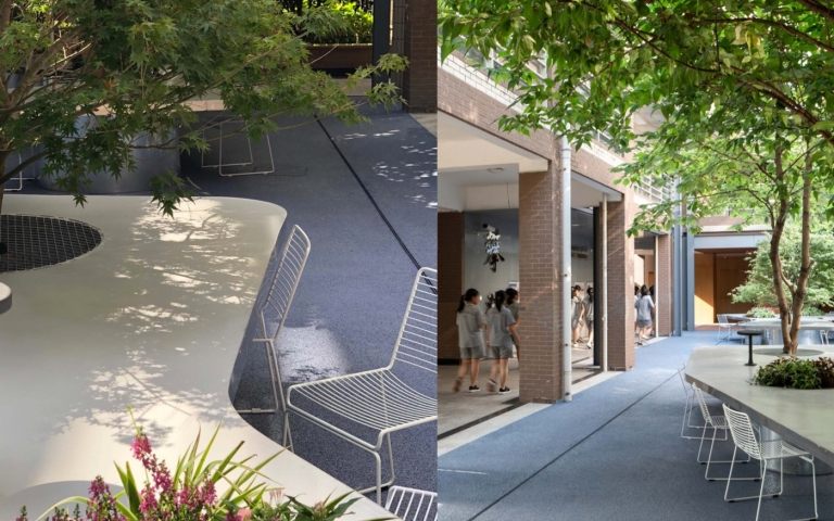 Vnútorný dvor dizajn študenti bufet bezplatné stoly stromy ochrana pred slnkom