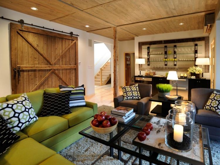 Interiérové ​​drevené dvere moderná-zelená-sedačka-obývačka