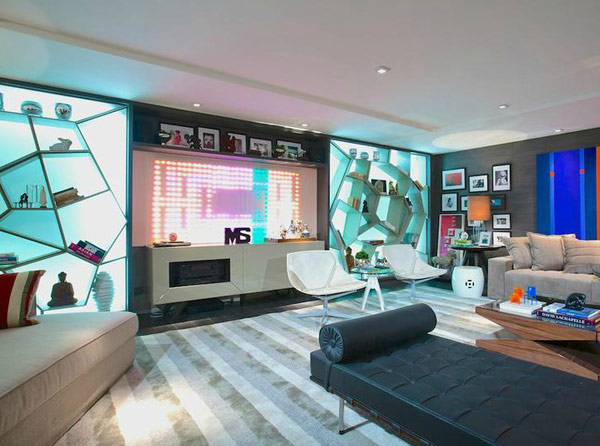 Hi-tech hudobná miestnosť, obývacia izba, moderný dizajn súčasné nápady zariaďovania hudobné štúdio