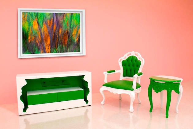 séria nábytku dovnútra von polart trávovo zelené kreslo bočný stolík nábytková séria polart trávovo zelené kreslo odkladací stolík príborník