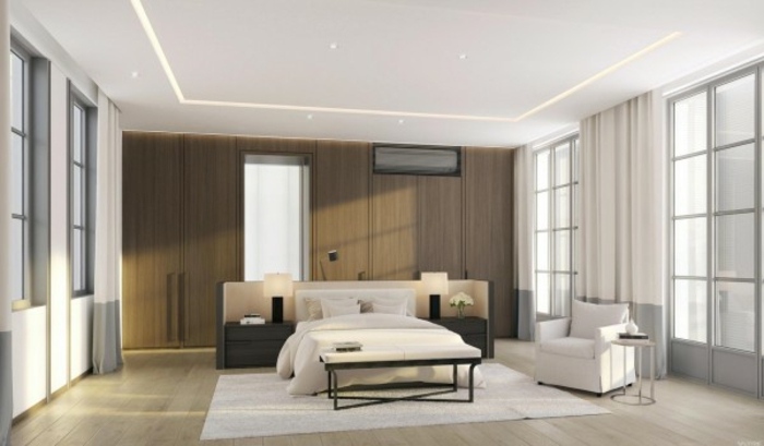 odtiene hnedého zníženého stropu v spálni Štúdiá Valkyrie s oknami na oboch stranách