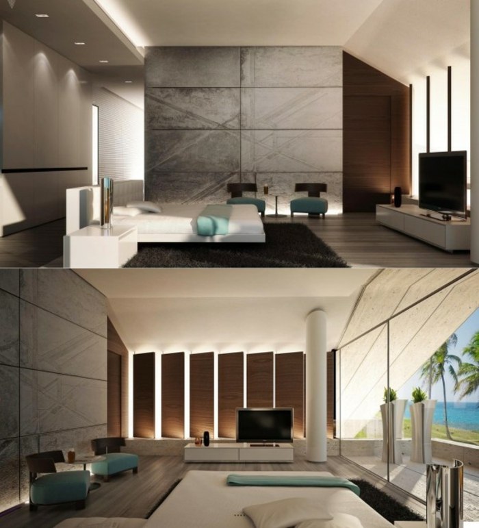 LED osvetlenie na bočných stenách spálne Mimar-Interiéry-s-obkladom-steny-v-hnedej farbe