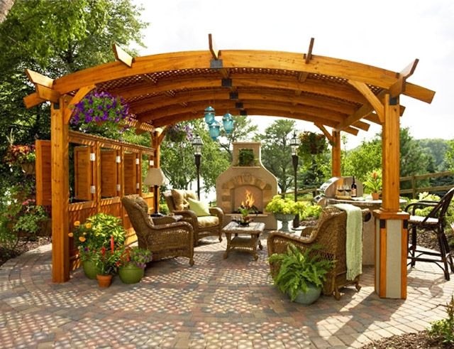 Úchvatná drevená a tehlová pergola slnečná ochrana-záhradné-rastliny-podlahy