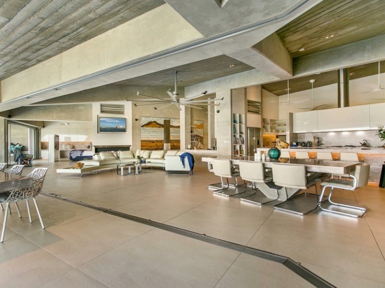 interiér betónový žulový jedálenský stôl obklady kameň veľkoformátový jedálenský kút