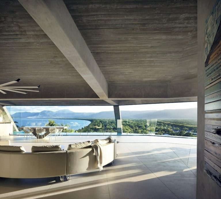 interiér z betónu a žuly dizajn obývačky elegantná svetlá sedačka