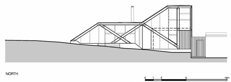 Pohľad spredu na kabínu s interiérom v modernom štýle drevený a betónový vnútorný bočný pohľad na bungalov