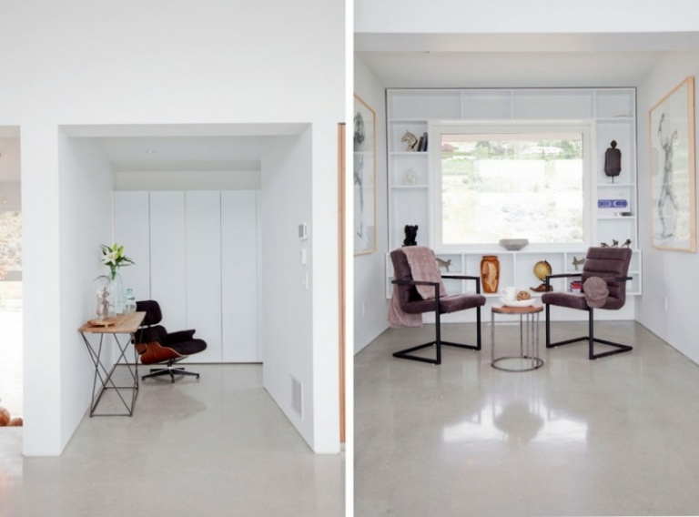 interiér v bielom a mramorovom posedení s oknom na čítanie rohových stoličiek