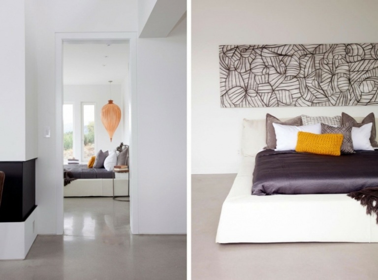 interiér biela mramorová spálňa moderná kožená posteľ hodvábna posteľná bielizeň